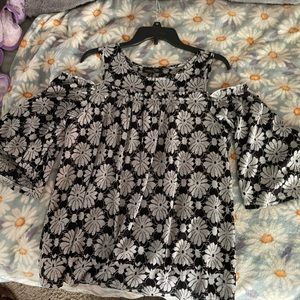 Suzanne Betro, shirt, cold shoulders, and lined black and gray blouse